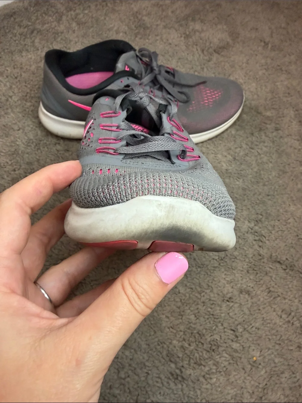 Nike Gray Athletic Sneakers with Pink Swoosh